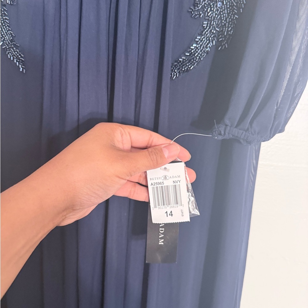 Betsy & Adam Navy Beaded Long Sleeve V-Neck Gown - Picture 5 of 5
